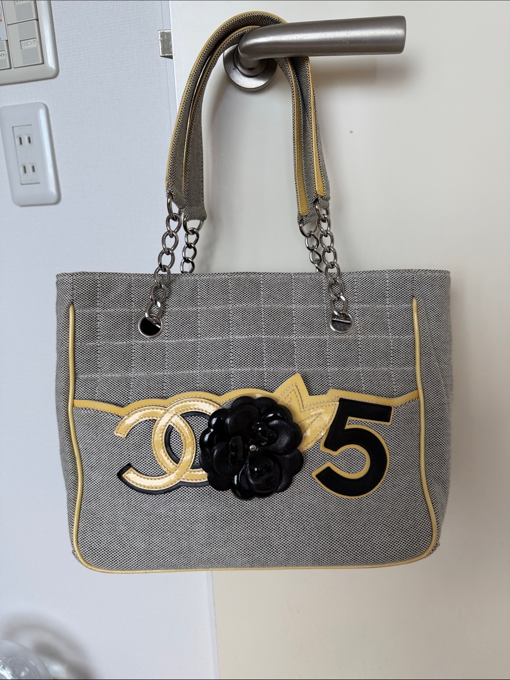 CHANEL vintage Gray Tote with Yellow Trim and Black Camellia Accent